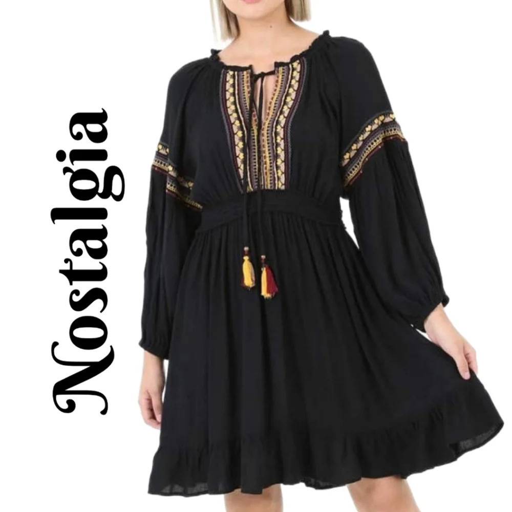 Nostalgia Black Rayon Embroidered Tassel Elastic Waist & Wrist Short Dress Sz L